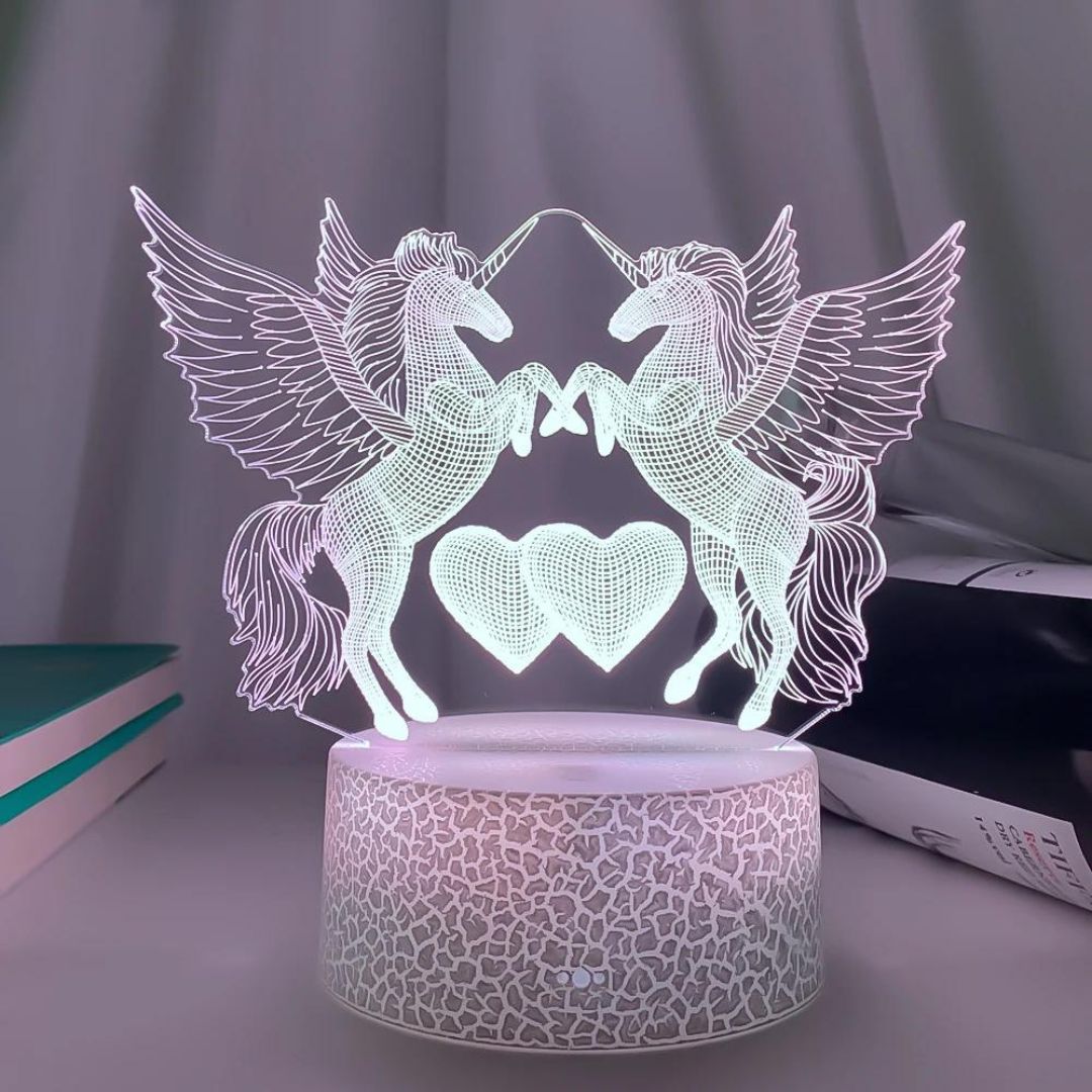 lampe de chevet Veilleuse LED Illusion 3D Chevaux et Cœurs