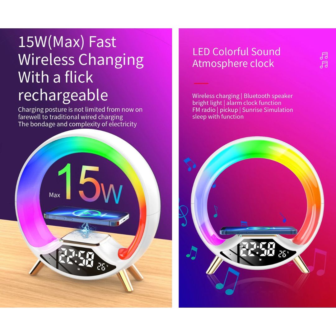 Lampe de Chevet ronde Réveil, Bluetooth, et Recharge Sans-Fil