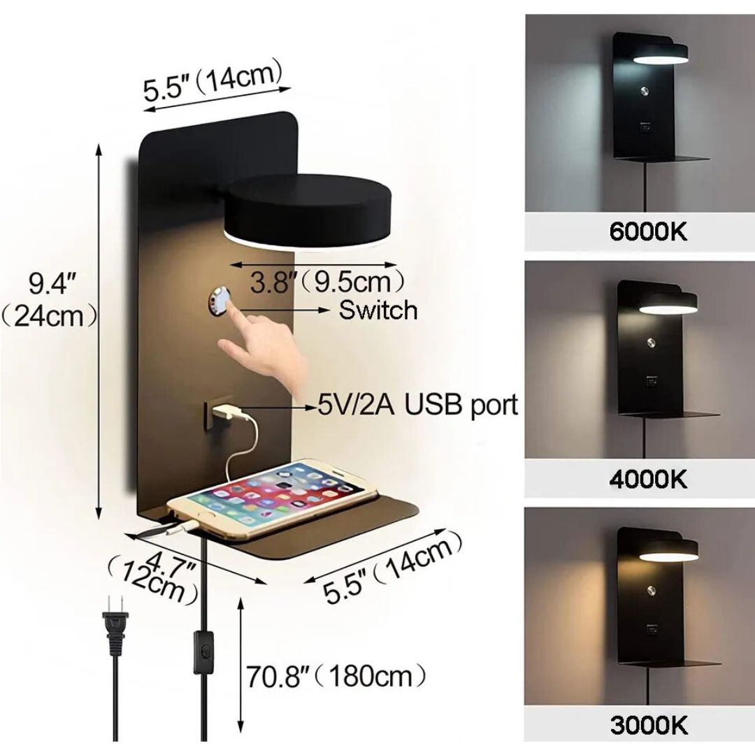 2 Lampe de Chevet Murale LED avec Port USB noire