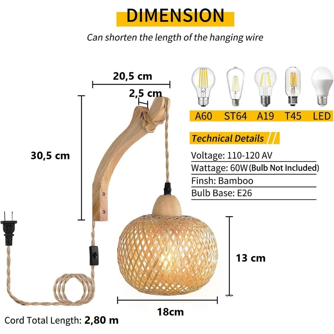 Lampe de Chevet Murale en Bambou originale