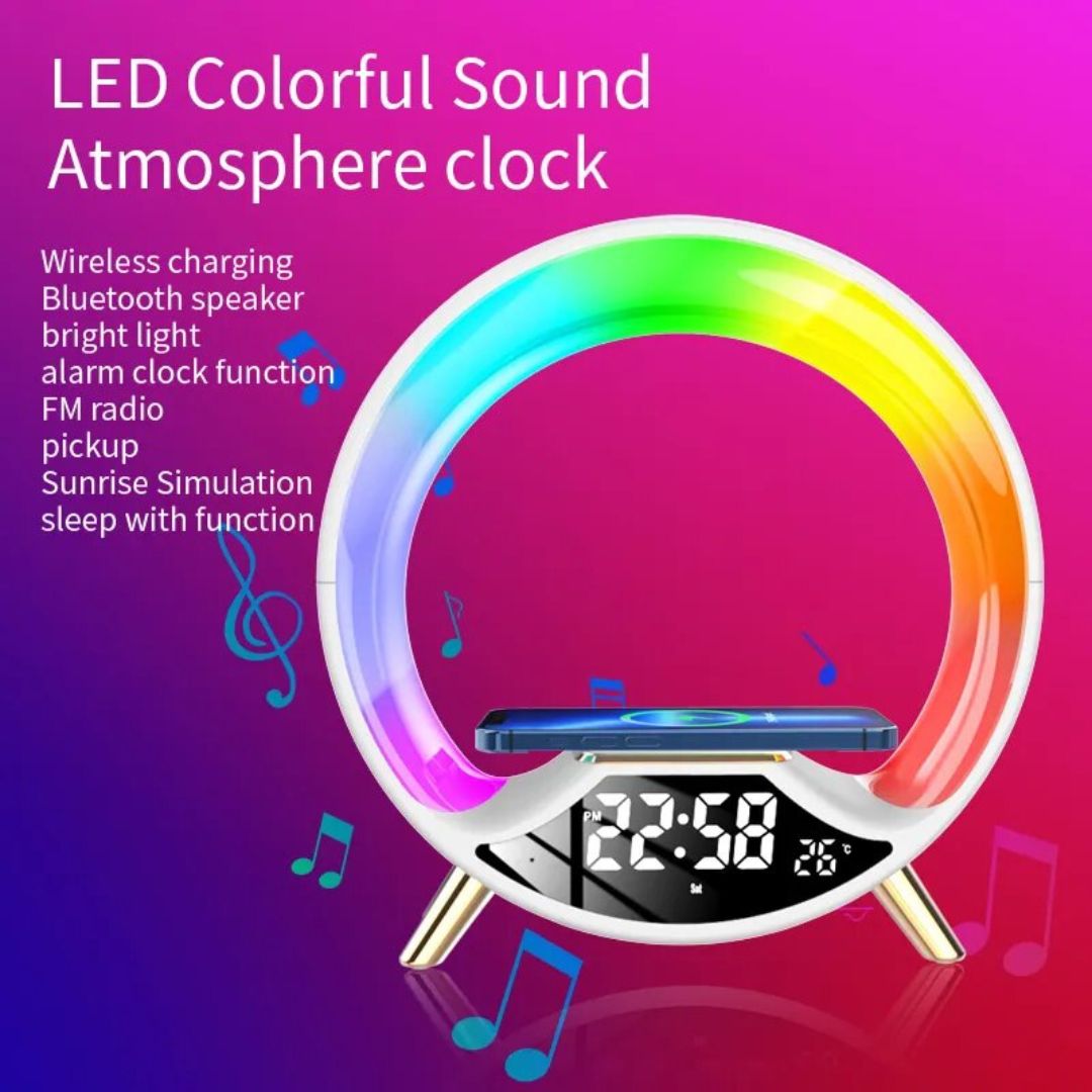 Lampe de Chevet ronde Réveil, Bluetooth, et Recharge Sans-Fil
