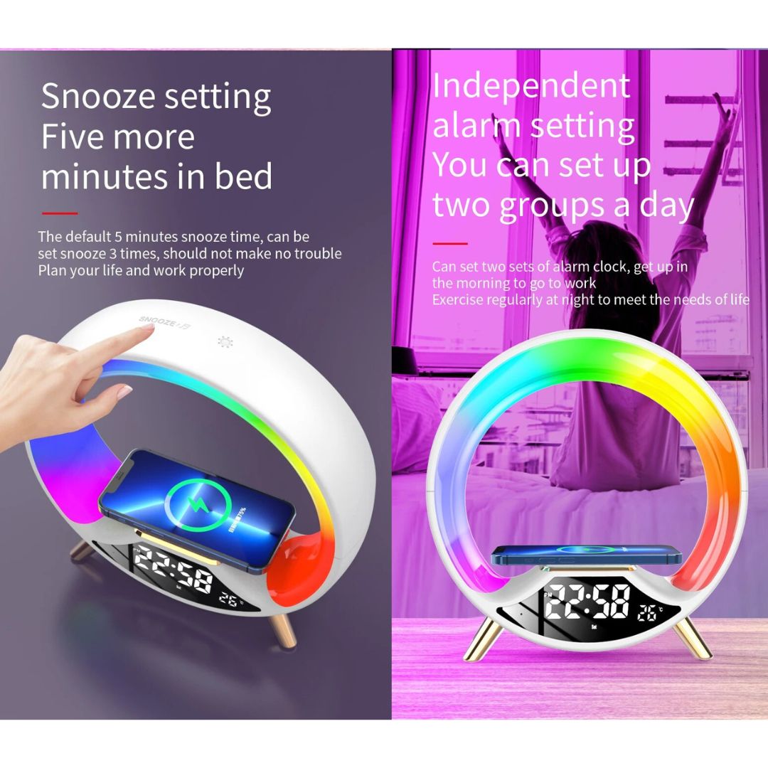 Lampe de Chevet ronde Réveil, Bluetooth, et Recharge Sans-Fil