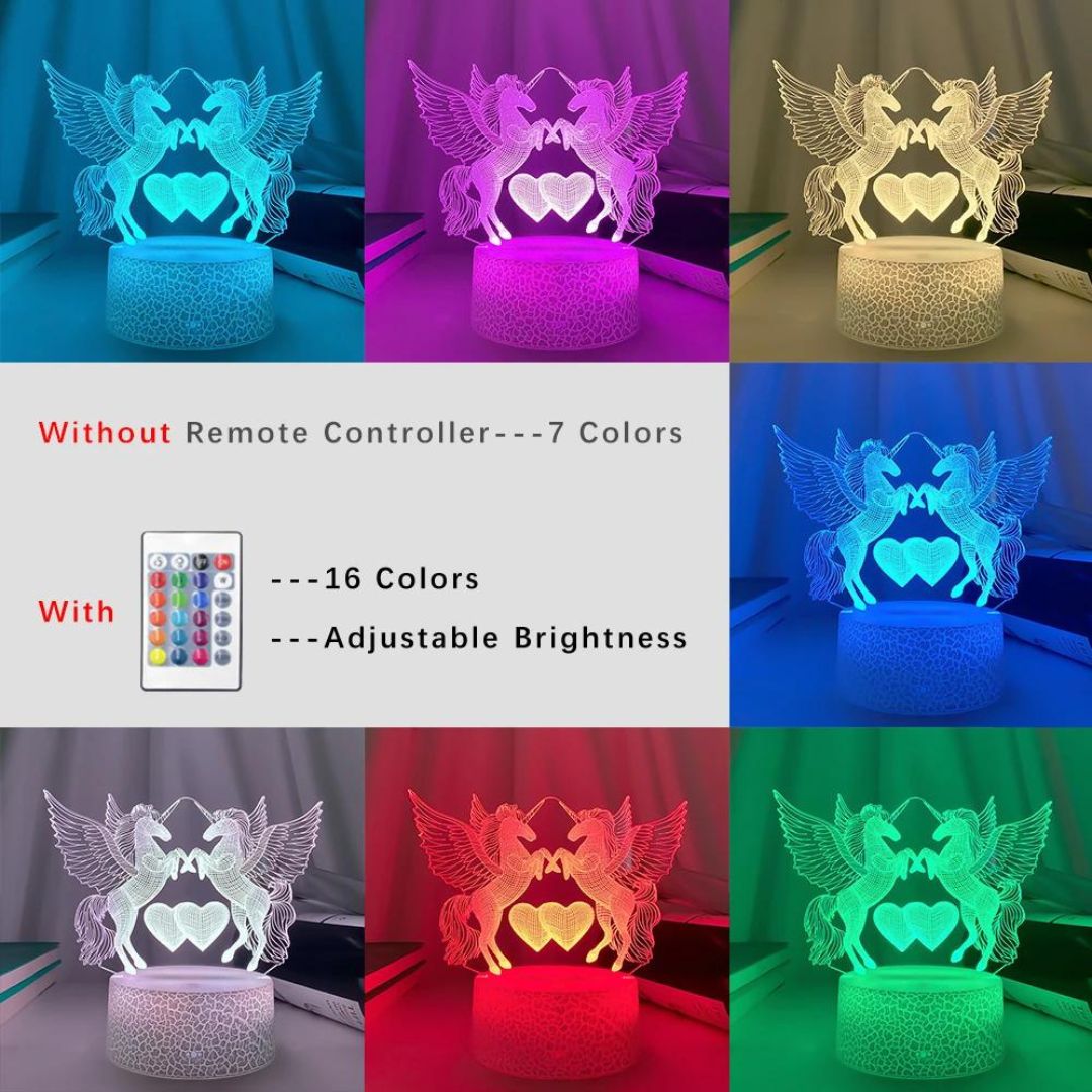lampe de chevet Veilleuse LED Illusion 3D Chevaux et Cœurs