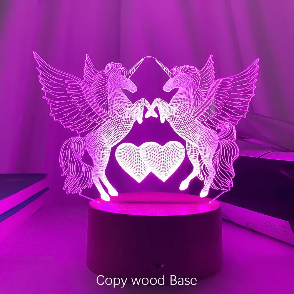 lampe de chevet Veilleuse LED Illusion 3D Chevaux et Cœurs