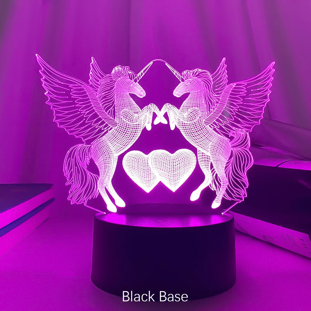 lampe de chevet Veilleuse LED Illusion 3D Chevaux et Cœurs