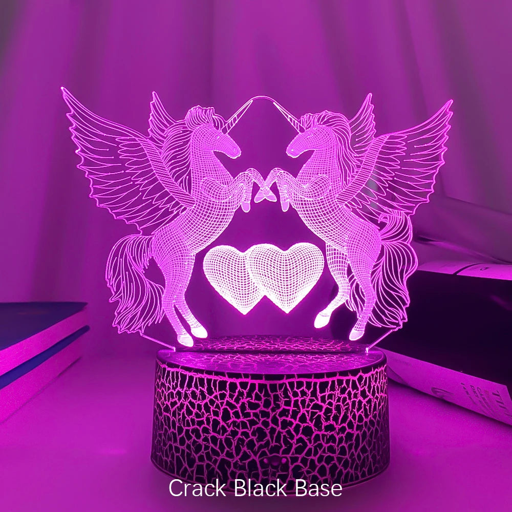 lampe de chevet Veilleuse LED Illusion 3D Chevaux et Cœurs
