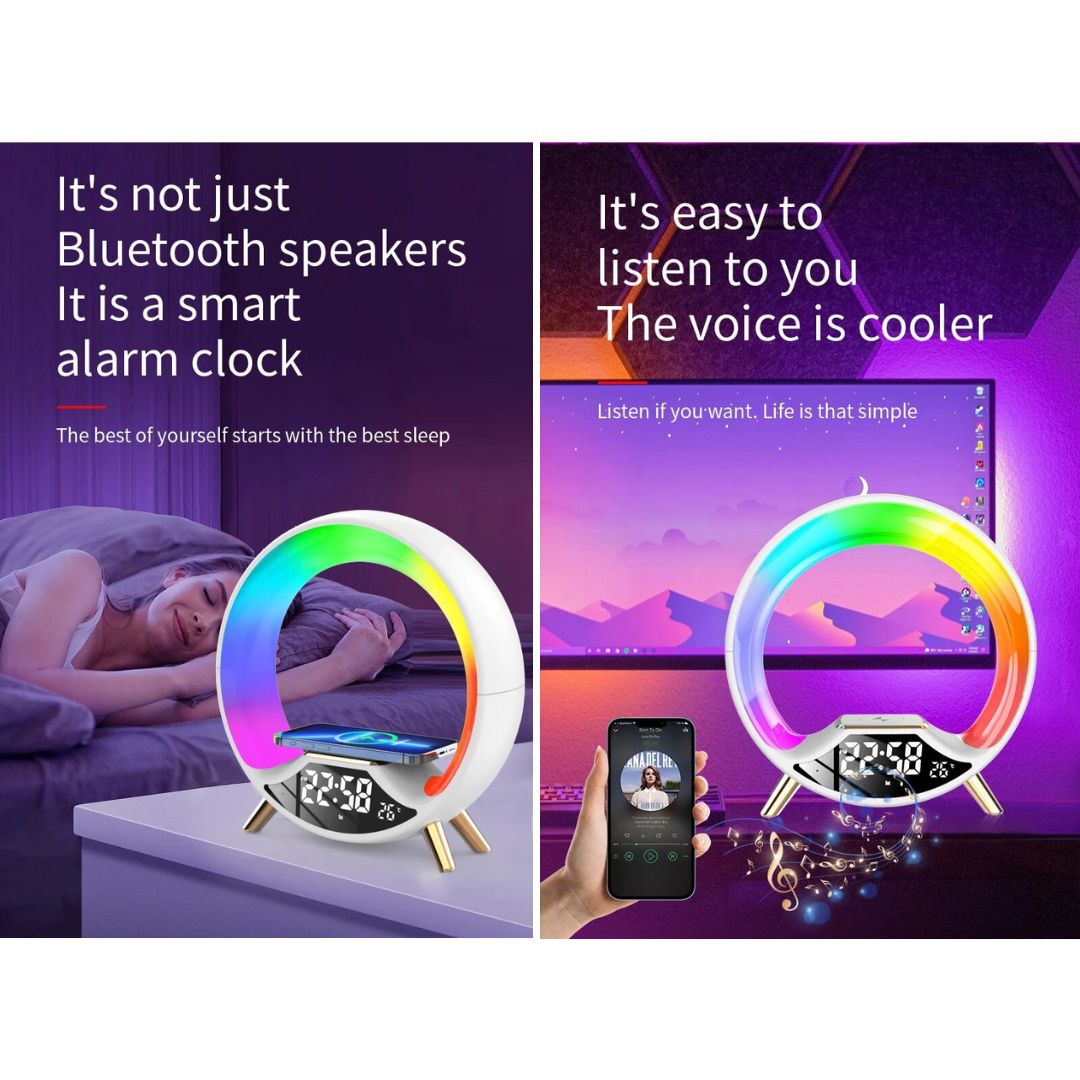 Lampe de Chevet ronde Réveil, Bluetooth, et Recharge Sans-Fil