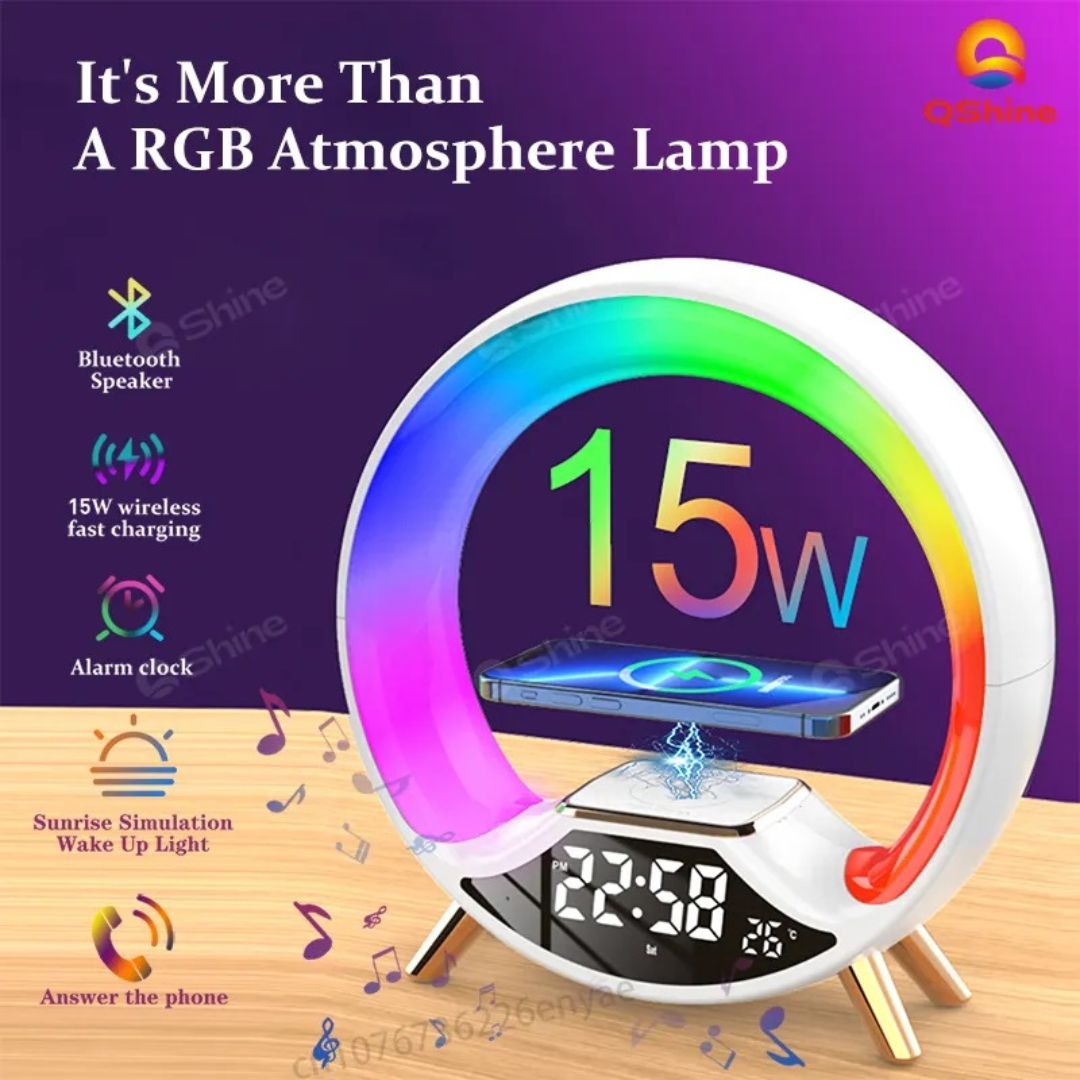 Lampe de Chevet ronde Réveil, Bluetooth, et Recharge Sans-Fil
