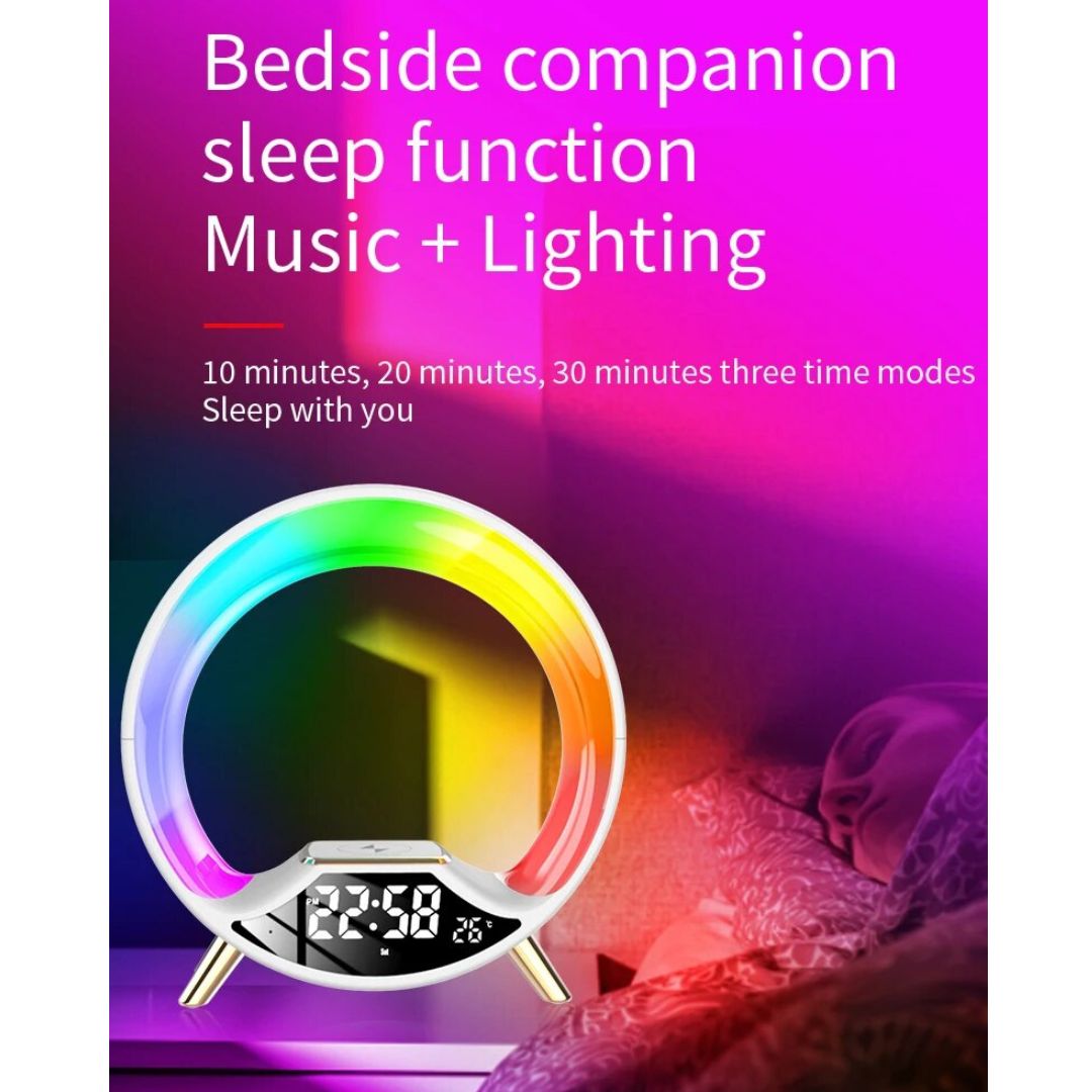 Lampe de Chevet ronde Réveil, Bluetooth, et Recharge Sans-Fil